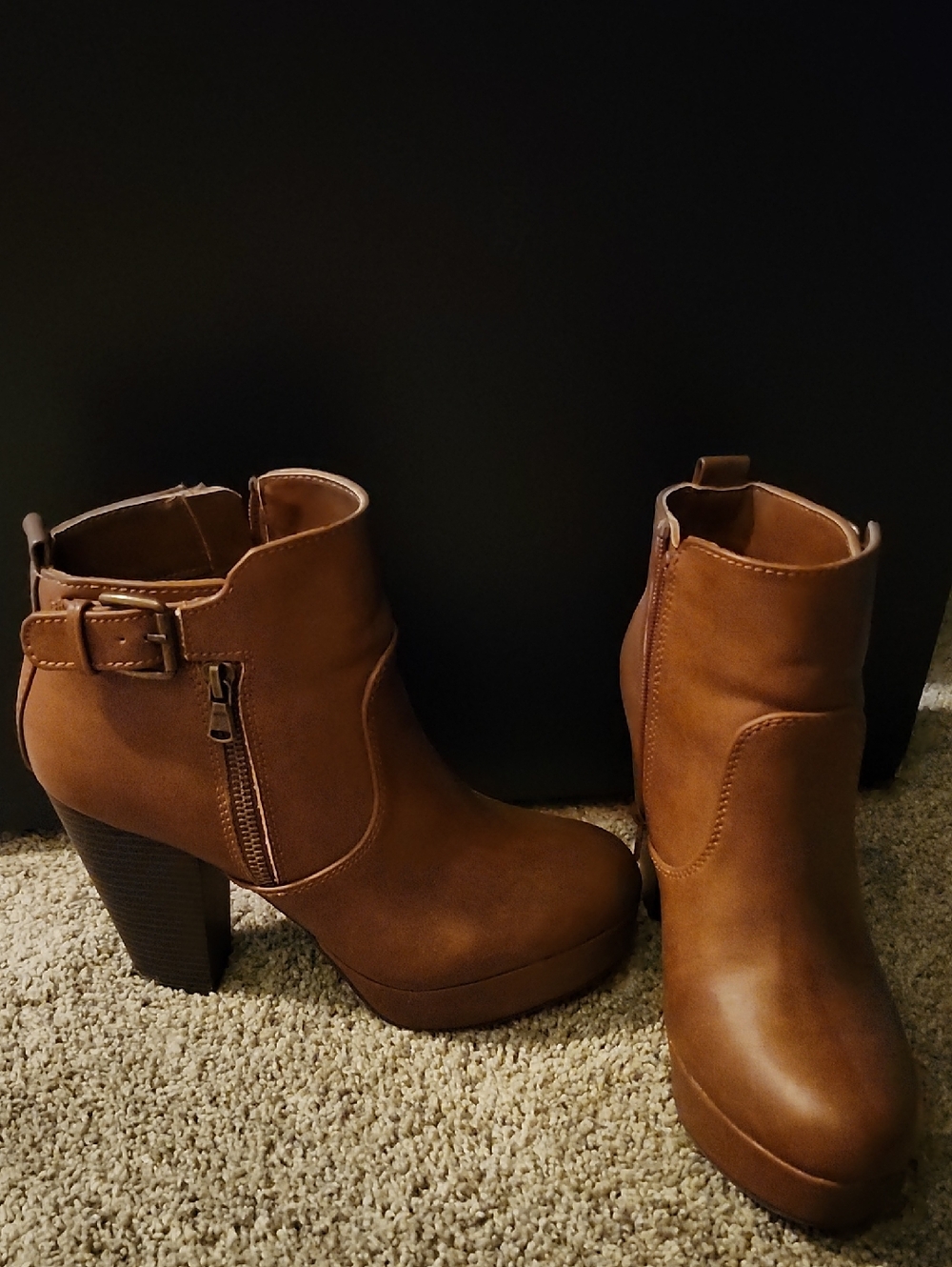 Material Girl Tan Brown Platform Ankle Boots with Buckle